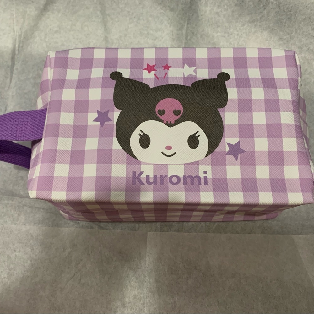 Kuromi Purple and White Gingham Check Zip Make Up Bag Pouch with Side Handle